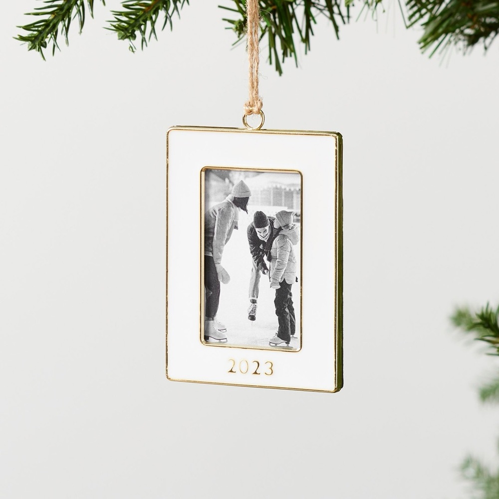 NWT Pottery Barn 2023 Rectangle White Enamel Frame Christmas Ornament